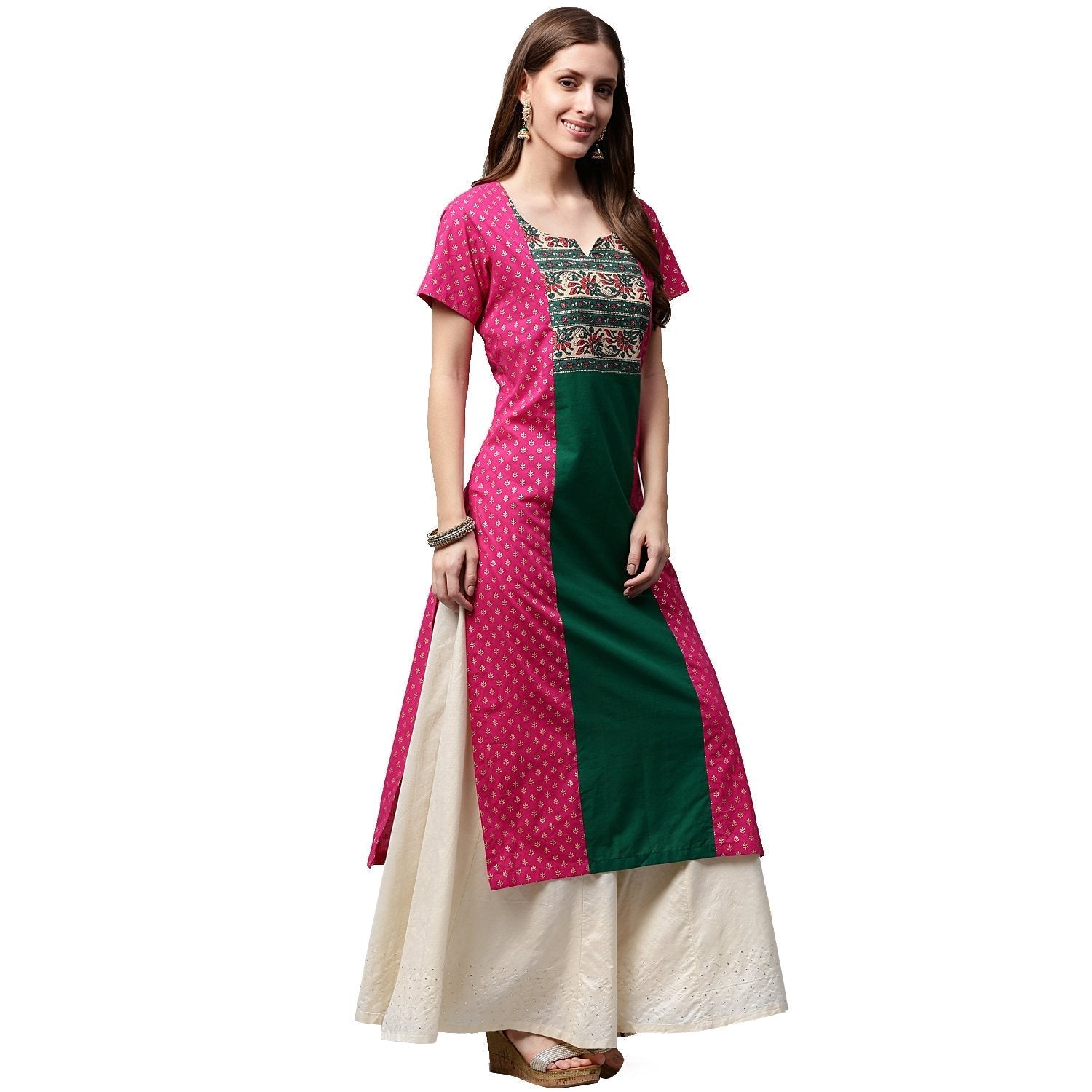 Pink & Green Printed Short Sleeve Cotton A-Line Kurta | LASVINI - Redefining Indian Fashion with Elegance