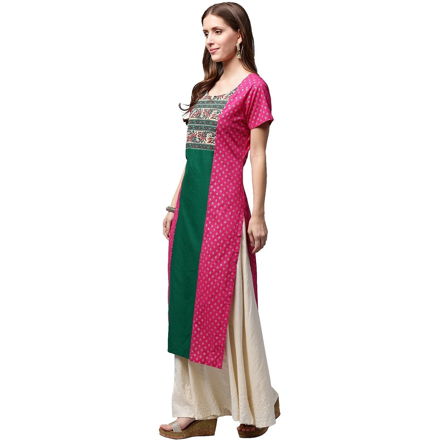 Pink & Green Printed Short Sleeve Cotton A-Line Kurta | LASVINI - Redefining Indian Fashion with Elegance