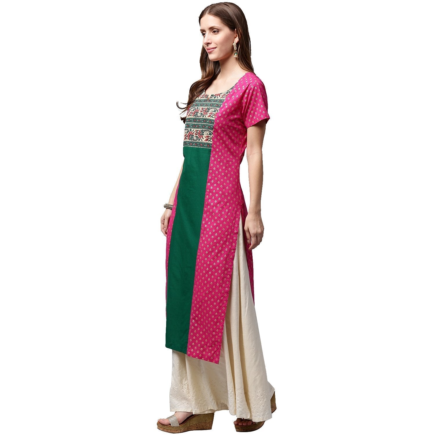 Pink & Green Printed Short Sleeve Cotton A-Line Kurta | LASVINI - Redefining Indian Fashion with Elegance