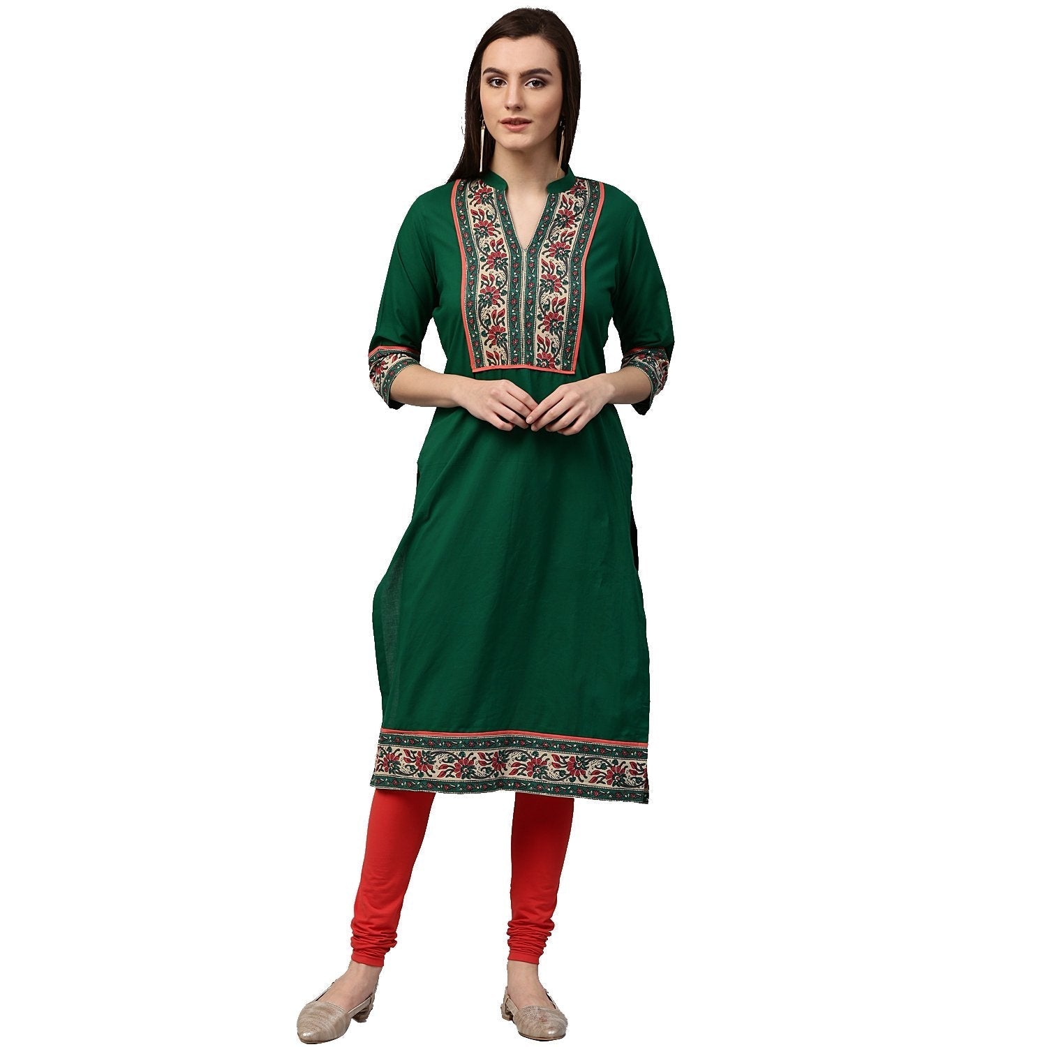 Green Printed 3/4Th Sleeve Cotton Kurta | LASVINI - Redefining Indian Fashion with Elegance