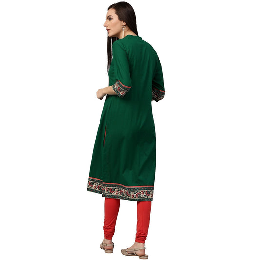 Green Printed 3/4Th Sleeve Cotton Kurta | LASVINI - Redefining Indian Fashion with Elegance