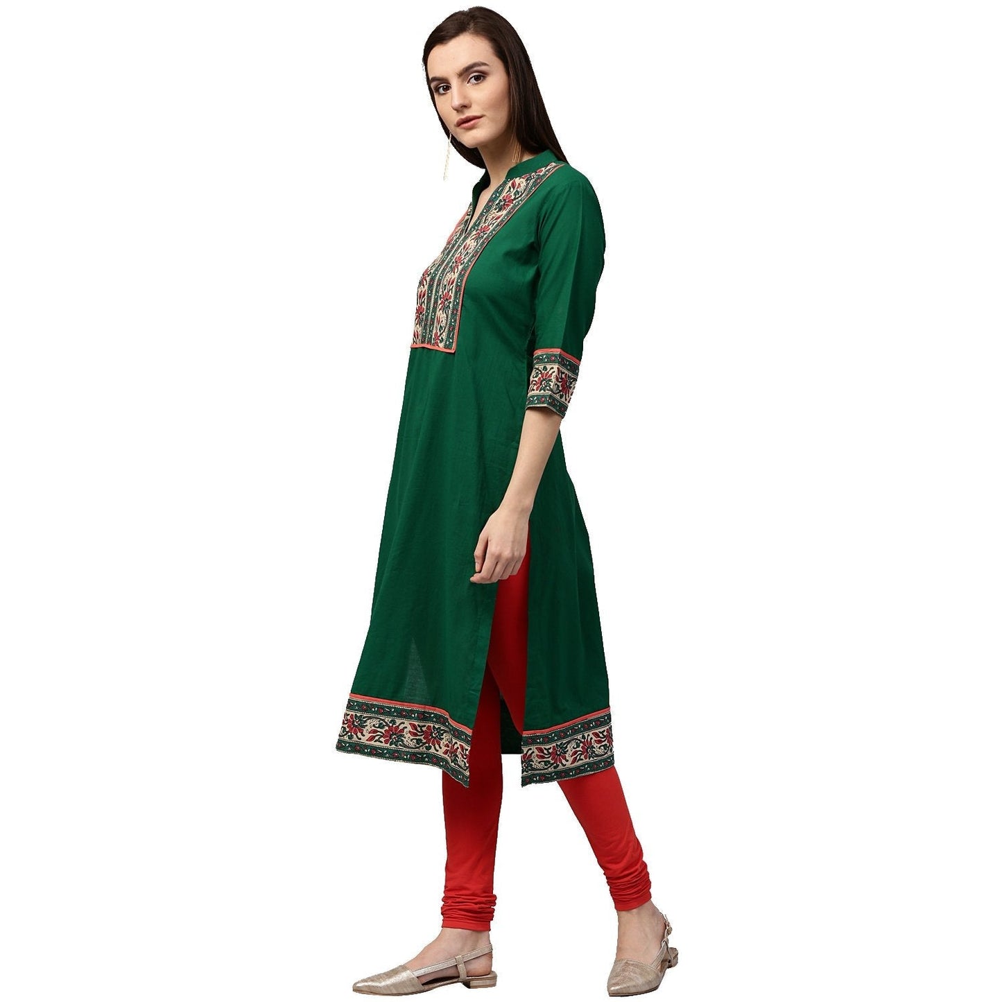 Green Printed 3/4Th Sleeve Cotton Kurta | LASVINI - Redefining Indian Fashion with Elegance