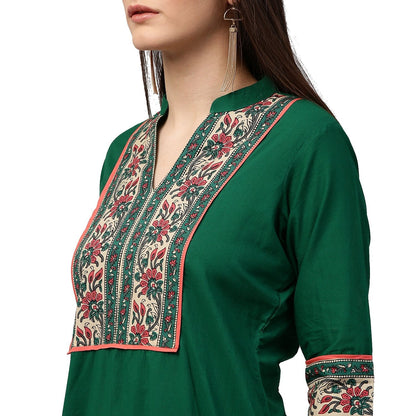 Green Printed 3/4Th Sleeve Cotton Kurta | LASVINI - Redefining Indian Fashion with Elegance