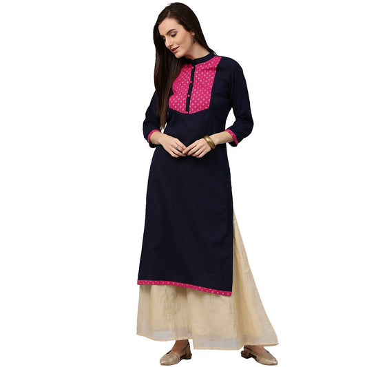 Blue 3/4Th Sleeve Cotton Slub Kurta With Printed Yoke | LASVINI - Redefining Indian Fashion with Elegance