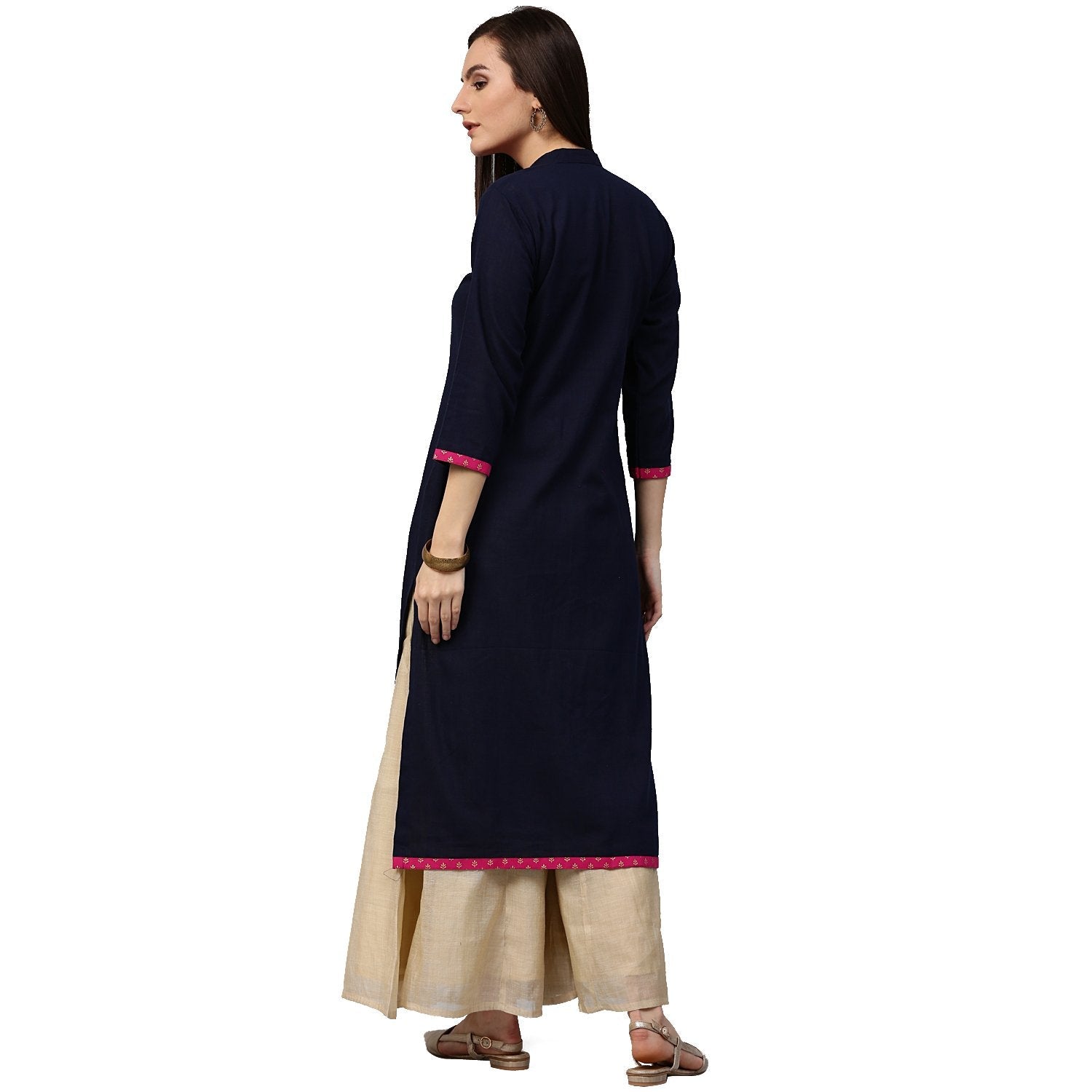 Blue 3/4Th Sleeve Cotton Slub Kurta With Printed Yoke | LASVINI - Redefining Indian Fashion with Elegance