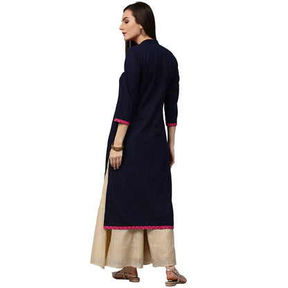 Blue 3/4Th Sleeve Cotton Slub Kurta With Printed Yoke | LASVINI - Redefining Indian Fashion with Elegance
