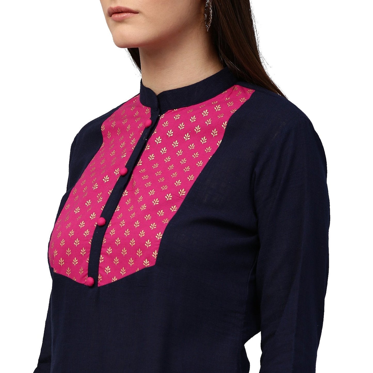 Blue 3/4Th Sleeve Cotton Slub Kurta With Printed Yoke | LASVINI - Redefining Indian Fashion with Elegance