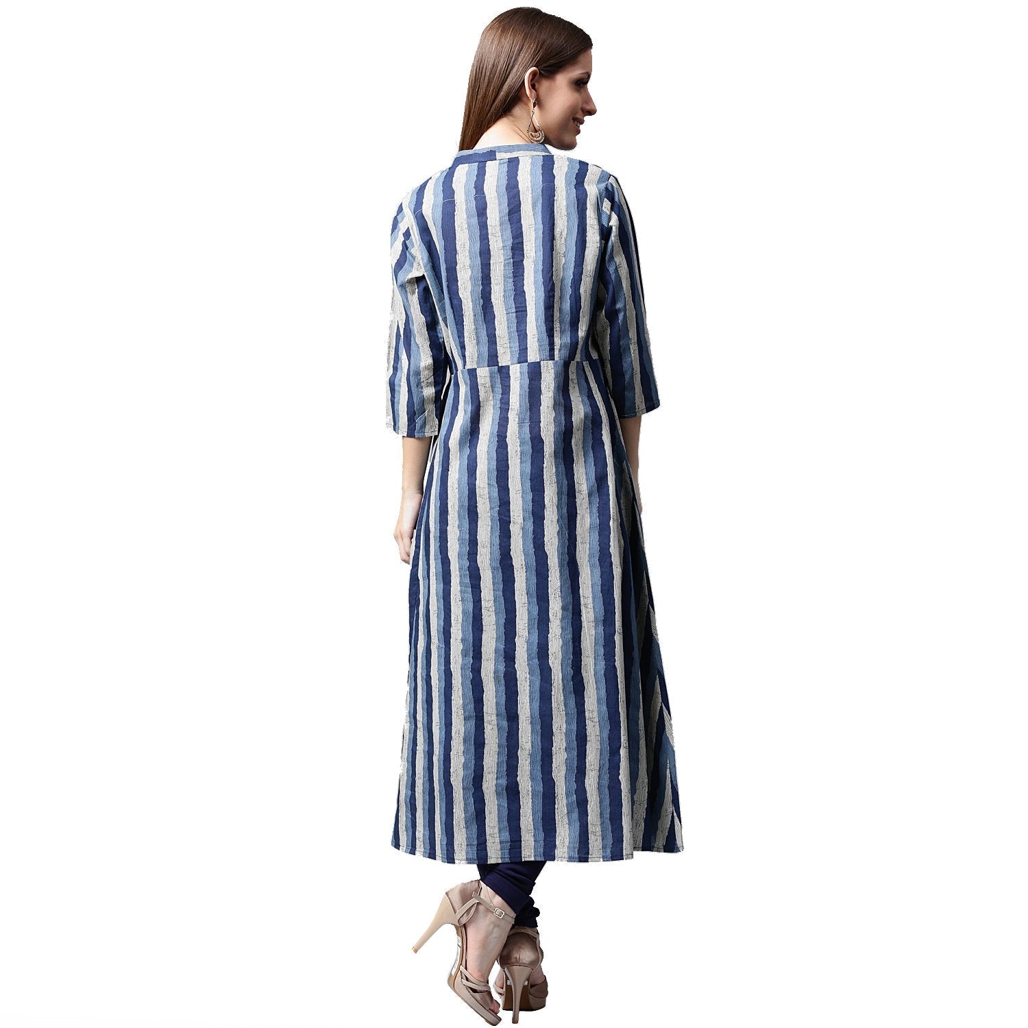 Blue Printed 3/4Th Sleeve Cotton A-Line Kurta | LASVINI - Redefining Indian Fashion with Elegance