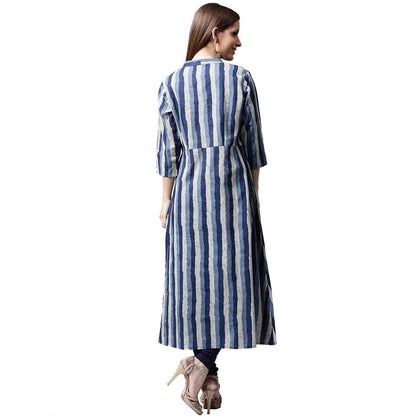 Blue Printed 3/4Th Sleeve Cotton A-Line Kurta | LASVINI - Redefining Indian Fashion with Elegance