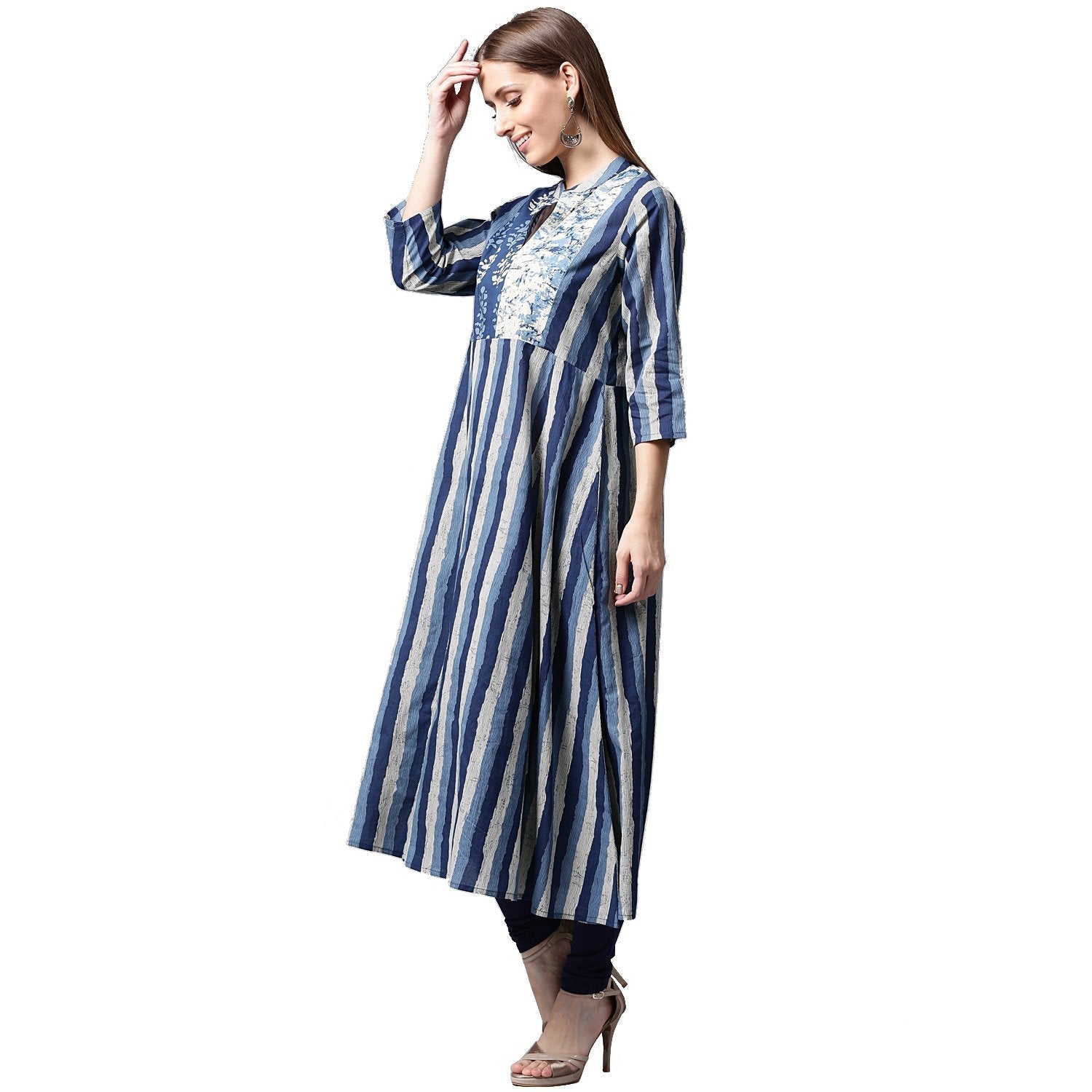 Blue Printed 3/4Th Sleeve Cotton A-Line Kurta | LASVINI - Redefining Indian Fashion with Elegance