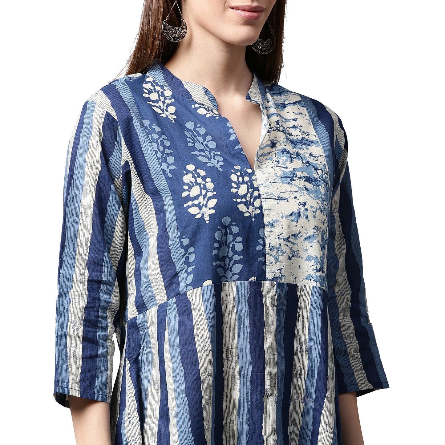 Blue Printed 3/4Th Sleeve Cotton A-Line Kurta | LASVINI - Redefining Indian Fashion with Elegance