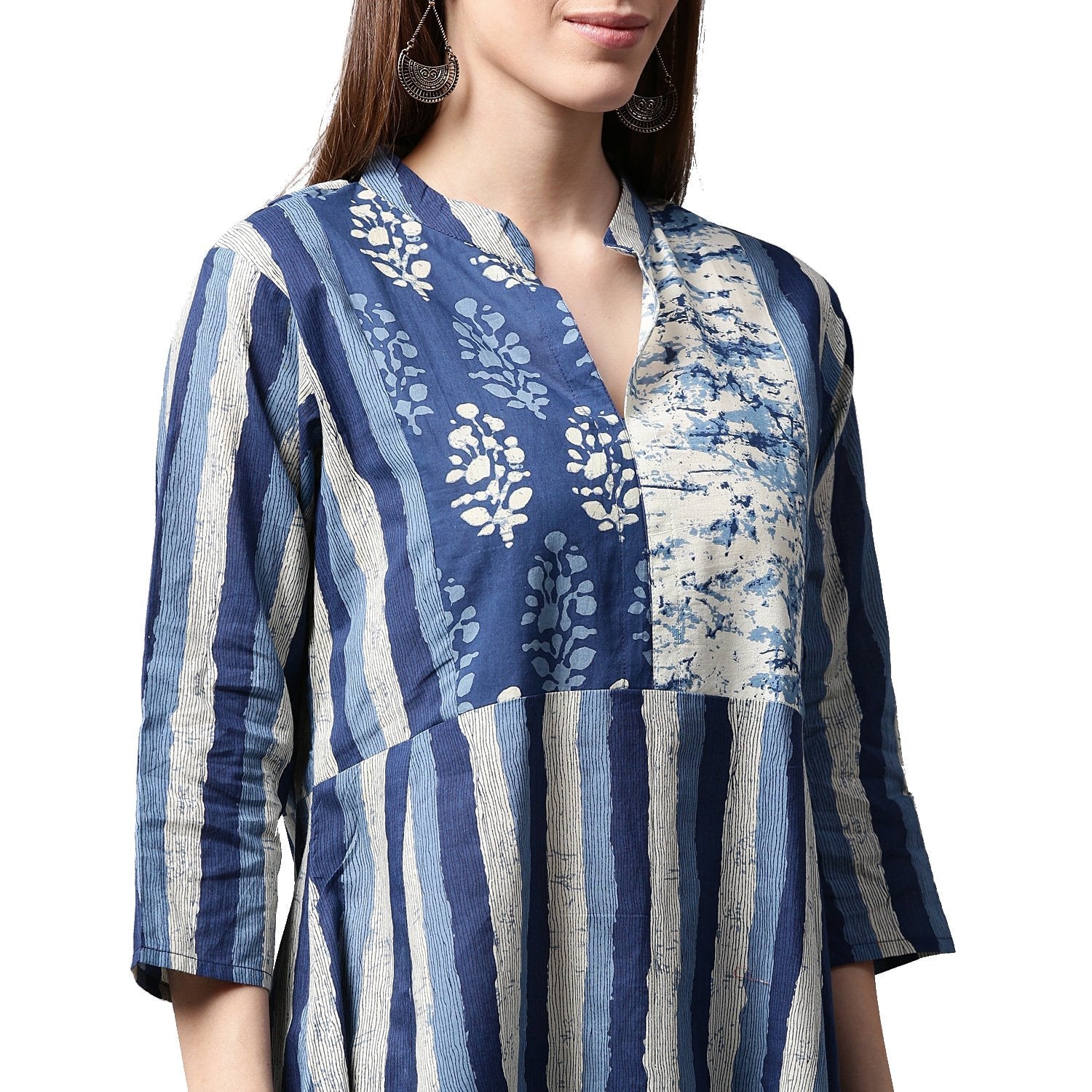 Blue Printed 3/4Th Sleeve Cotton A-Line Kurta | LASVINI - Redefining Indian Fashion with Elegance