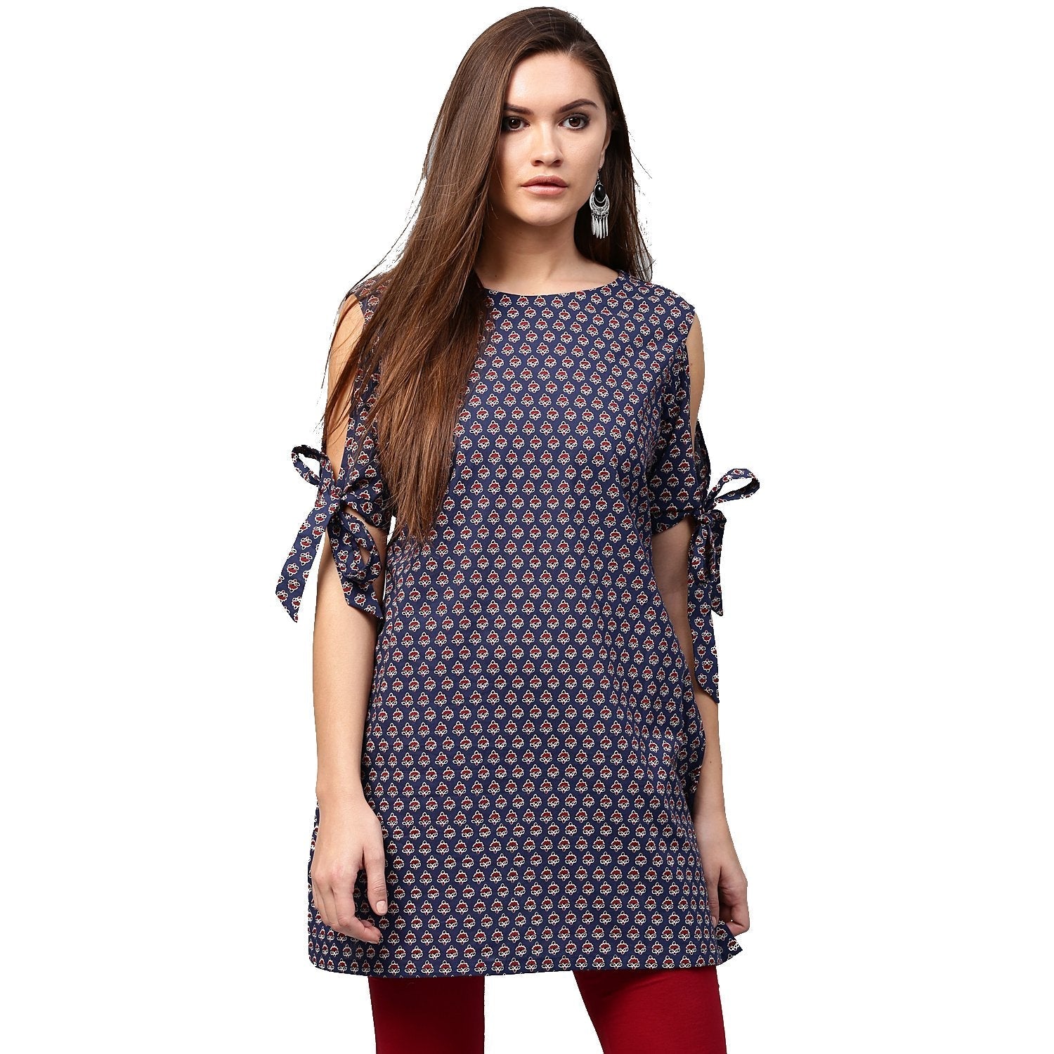 Blue Printed Half Sleeve With Cold Shoulder Cotton Tunic | LASVINI - Redefining Indian Fashion with Elegance