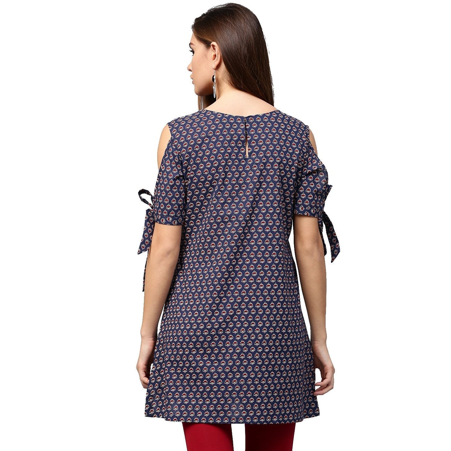 Blue Printed Half Sleeve With Cold Shoulder Cotton Tunic | LASVINI - Redefining Indian Fashion with Elegance
