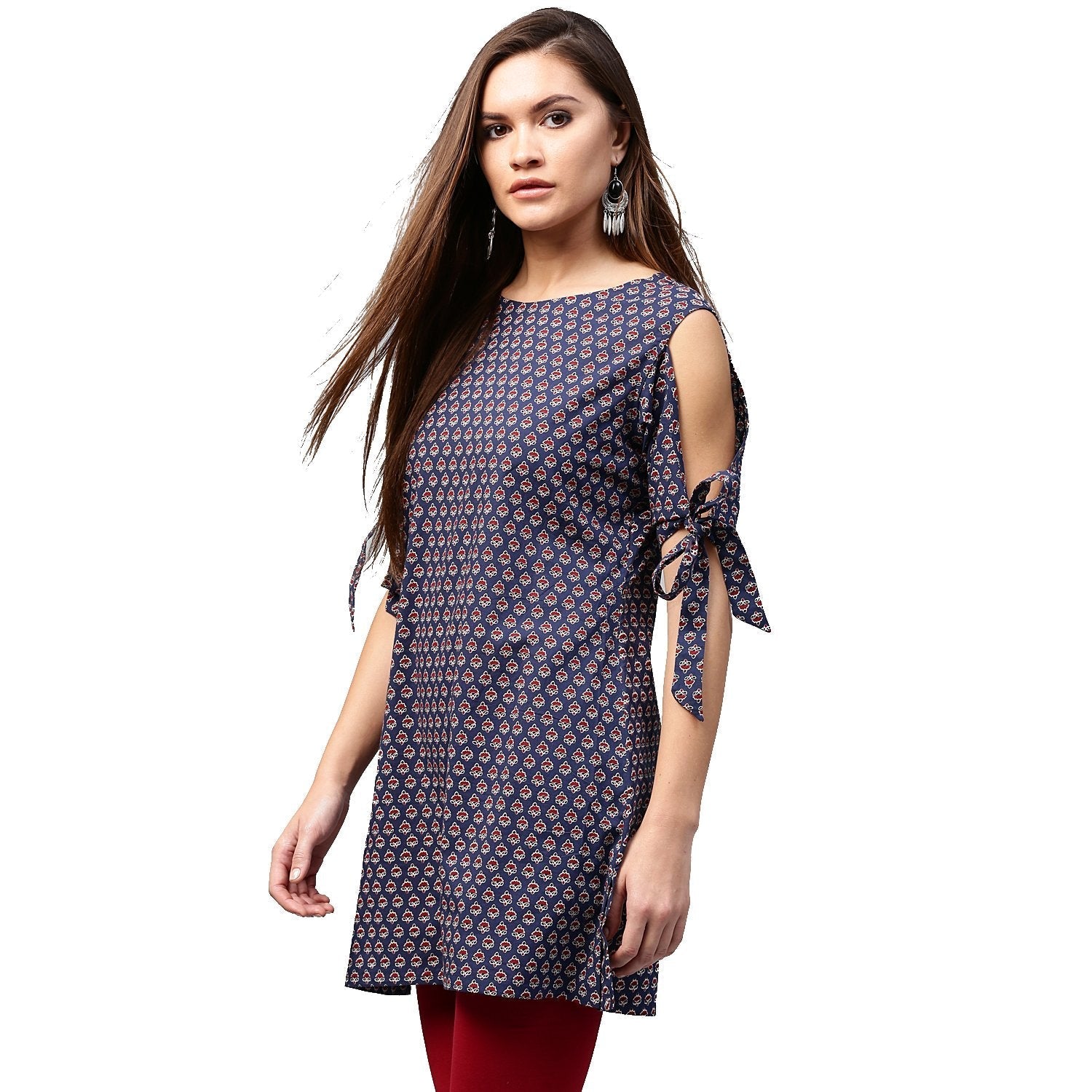 Blue Printed Half Sleeve With Cold Shoulder Cotton Tunic | LASVINI - Redefining Indian Fashion with Elegance