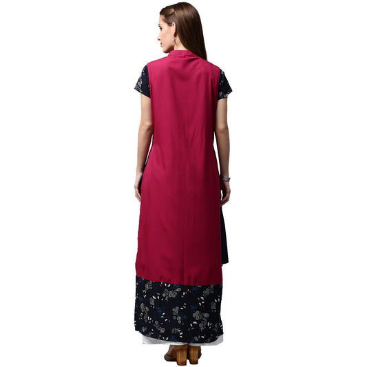 Blue Printed Short Sleeve Crepe A-Line Kurta With Pink Jacket | LASVINI - Redefining Indian Fashion with Elegance