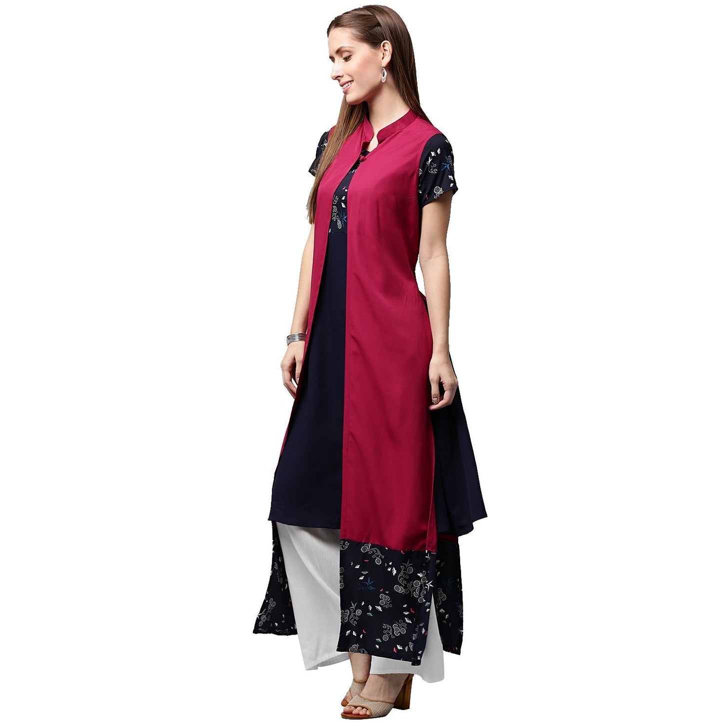 Blue Printed Short Sleeve Crepe A-Line Kurta With Pink Jacket | LASVINI - Redefining Indian Fashion with Elegance