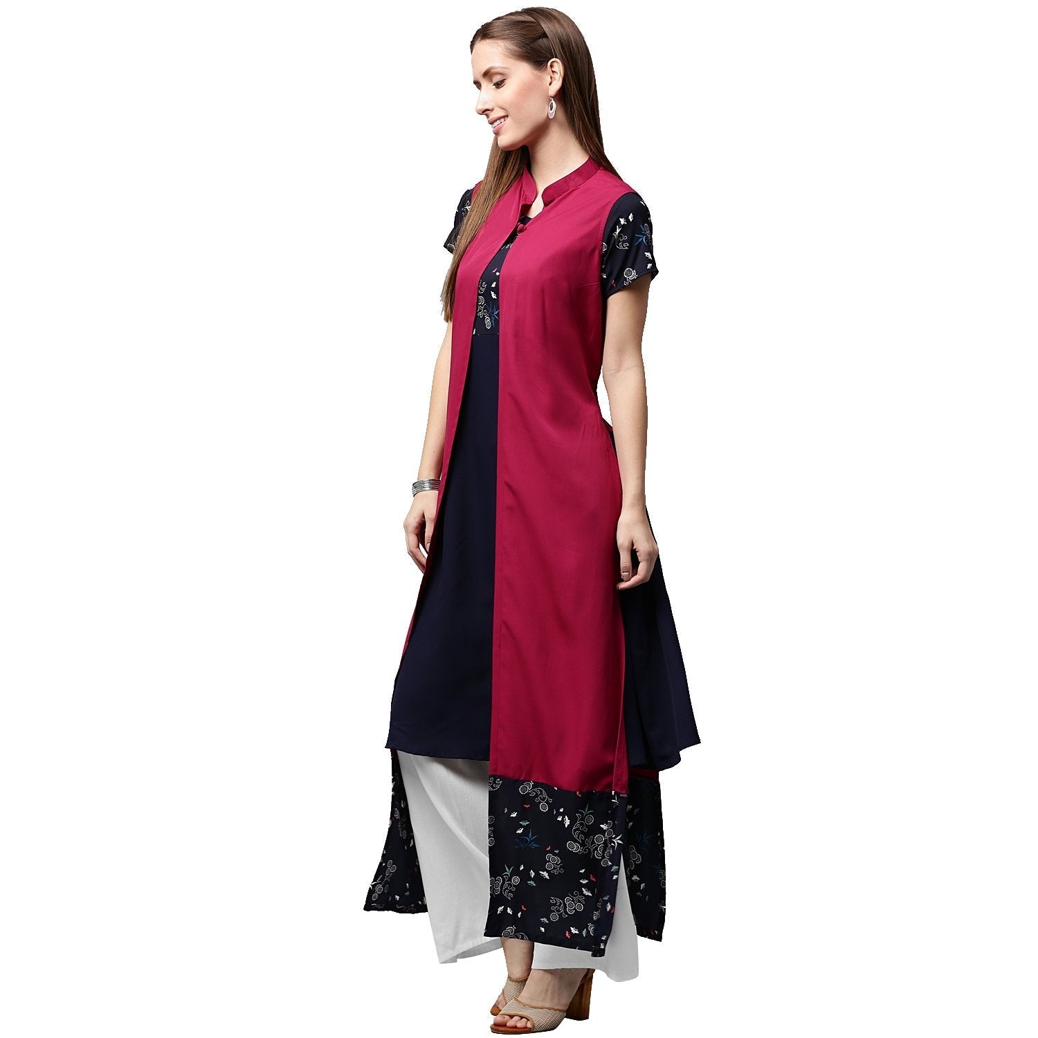 Blue Printed Short Sleeve Crepe A-Line Kurta With Pink Jacket | LASVINI - Redefining Indian Fashion with Elegance