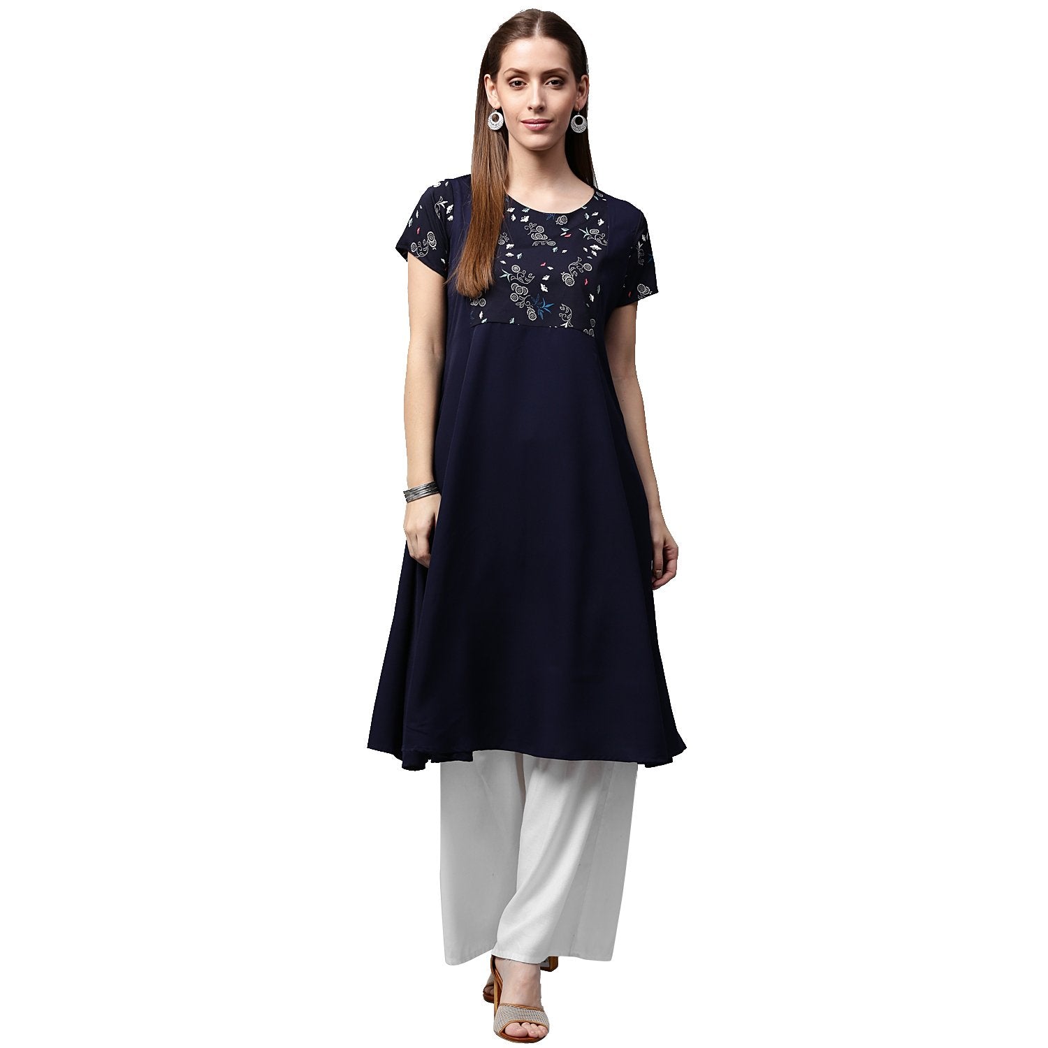 Blue Printed Short Sleeve Crepe A-Line Kurta With Pink Jacket | LASVINI - Redefining Indian Fashion with Elegance