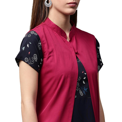 Blue Printed Short Sleeve Crepe A-Line Kurta With Pink Jacket | LASVINI - Redefining Indian Fashion with Elegance