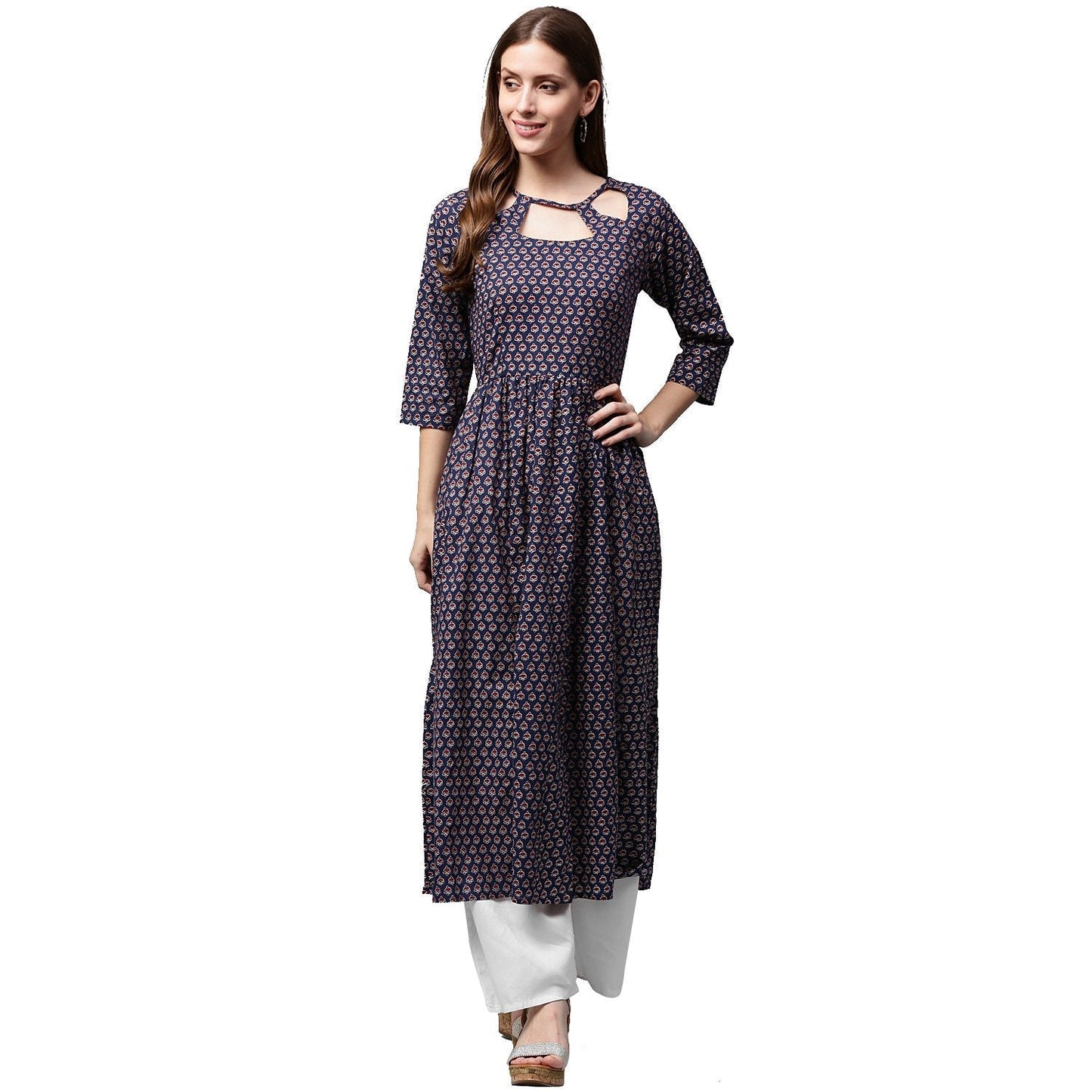 Blue Printed Half Sleeve Cotton Anarkali Kurta | LASVINI - Redefining Indian Fashion with Elegance