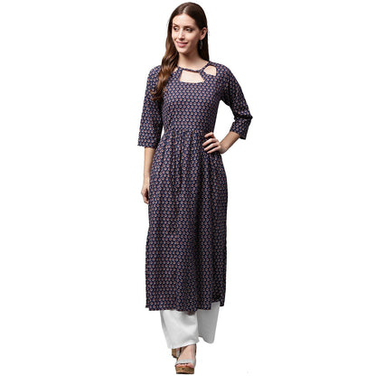 Blue Printed Half Sleeve Cotton Anarkali Kurta | LASVINI - Redefining Indian Fashion with Elegance