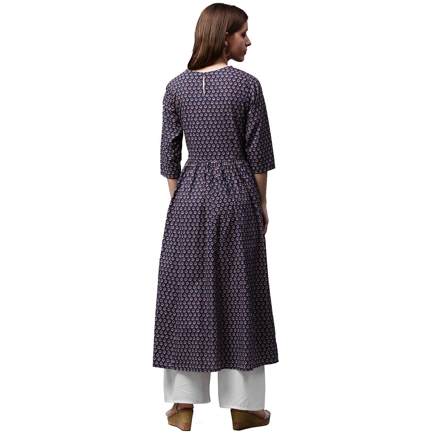 Blue Printed Half Sleeve Cotton Anarkali Kurta | LASVINI - Redefining Indian Fashion with Elegance