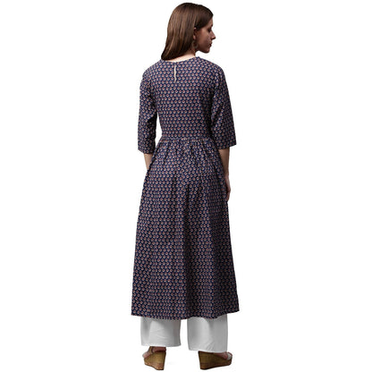 Blue Printed Half Sleeve Cotton Anarkali Kurta | LASVINI - Redefining Indian Fashion with Elegance