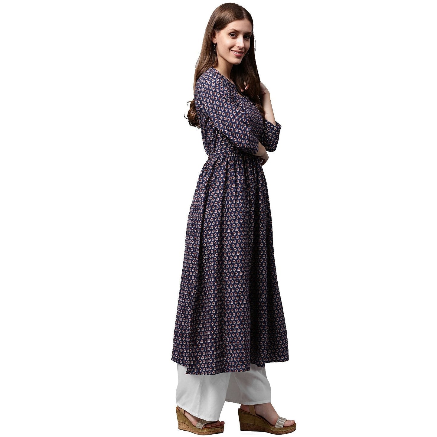 Blue Printed Half Sleeve Cotton Anarkali Kurta | LASVINI - Redefining Indian Fashion with Elegance