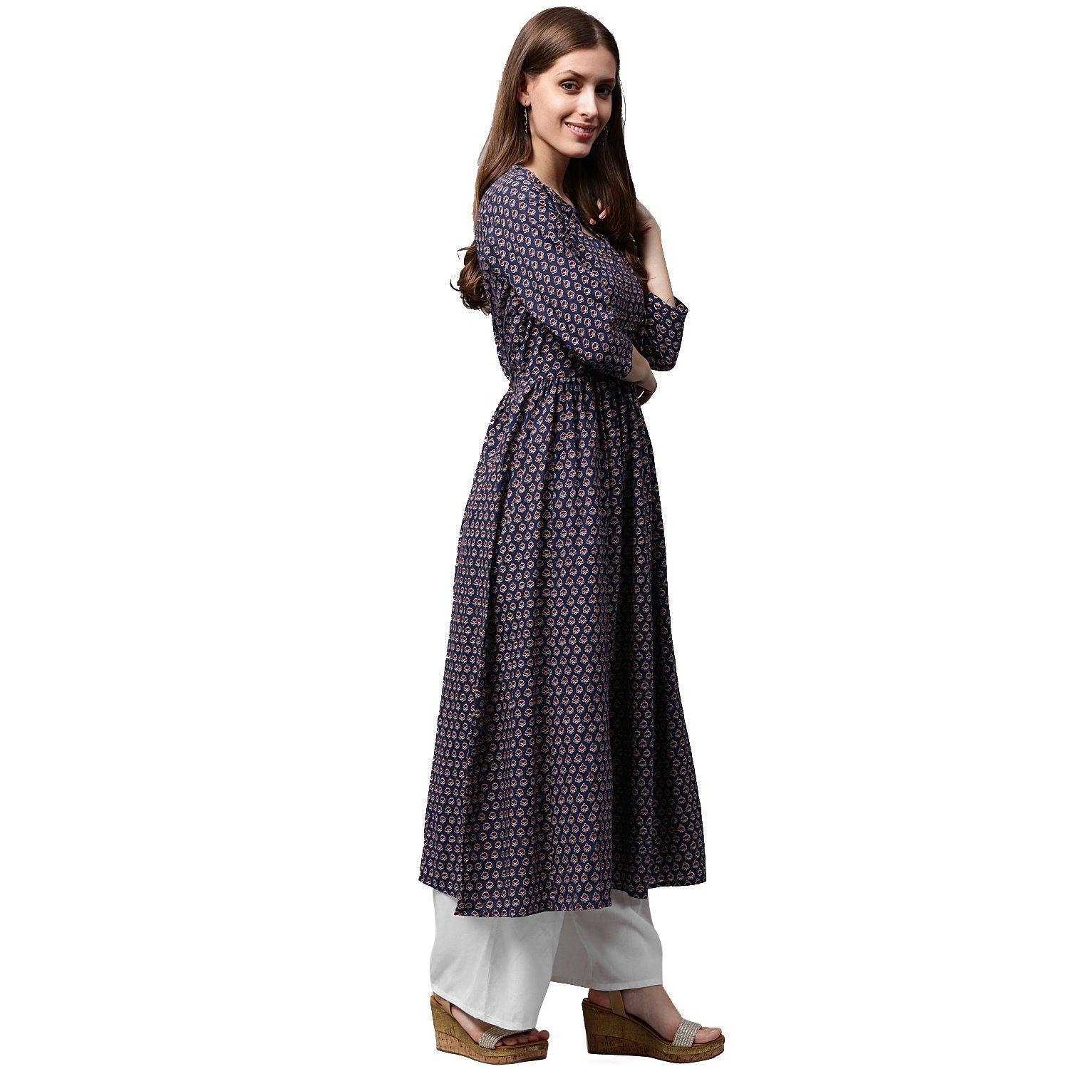 Blue Printed Half Sleeve Cotton Anarkali Kurta | LASVINI - Redefining Indian Fashion with Elegance