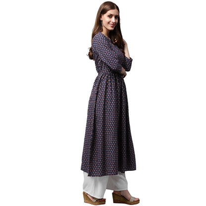 Blue Printed Half Sleeve Cotton Anarkali Kurta | LASVINI - Redefining Indian Fashion with Elegance