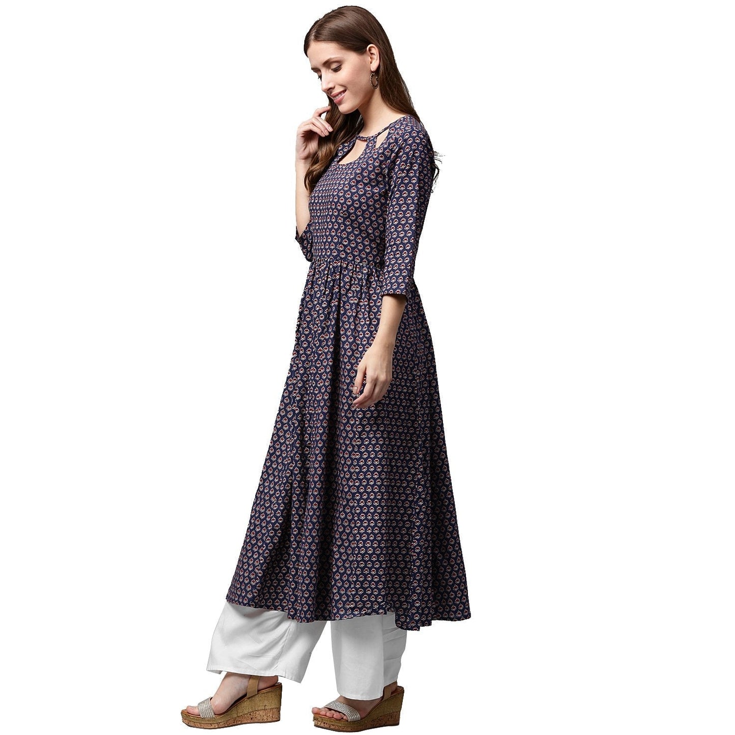 Blue Printed Half Sleeve Cotton Anarkali Kurta | LASVINI - Redefining Indian Fashion with Elegance