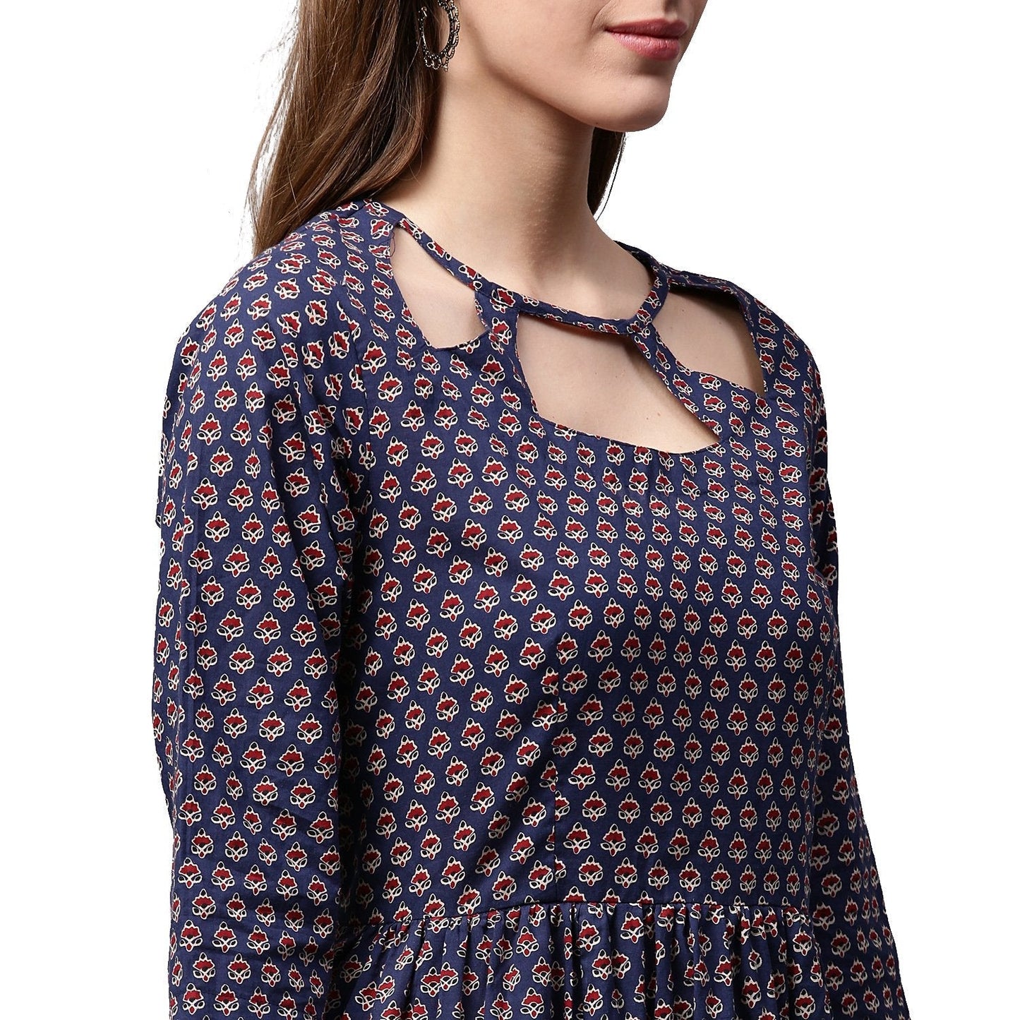 Blue Printed Half Sleeve Cotton Anarkali Kurta | LASVINI - Redefining Indian Fashion with Elegance