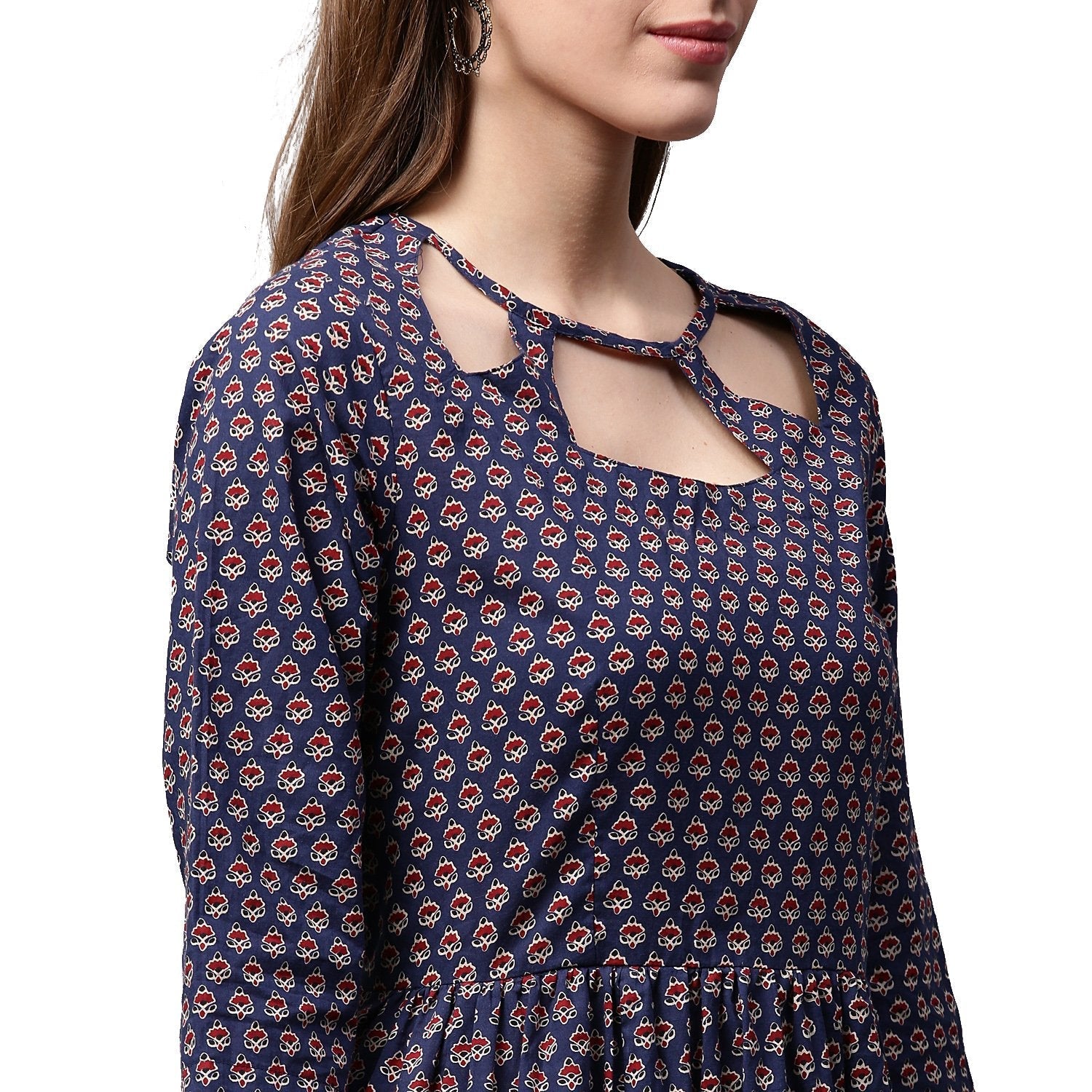 Blue Printed Half Sleeve Cotton Anarkali Kurta | LASVINI - Redefining Indian Fashion with Elegance