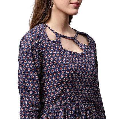 Blue Printed Half Sleeve Cotton Anarkali Kurta | LASVINI - Redefining Indian Fashion with Elegance