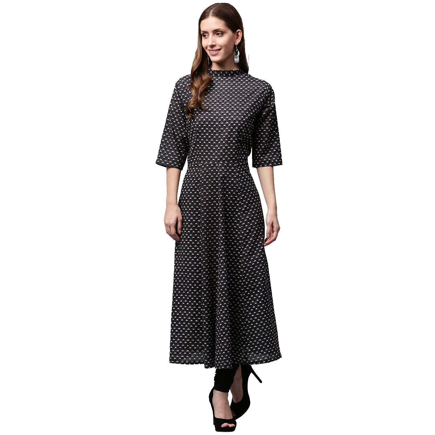 Black Printed 3/4Th Sleeve Cotton Anarkali Kurta | LASVINI - Redefining Indian Fashion with Elegance