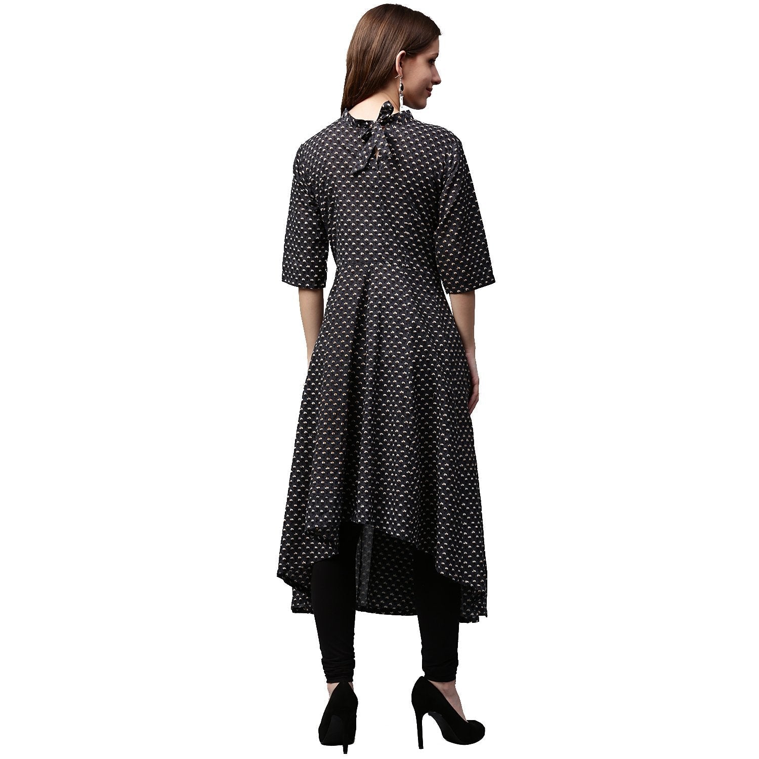 Black Printed 3/4Th Sleeve Cotton Anarkali Kurta | LASVINI - Redefining Indian Fashion with Elegance