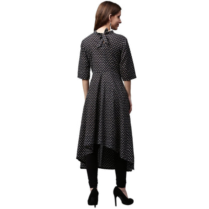 Black Printed 3/4Th Sleeve Cotton Anarkali Kurta | LASVINI - Redefining Indian Fashion with Elegance