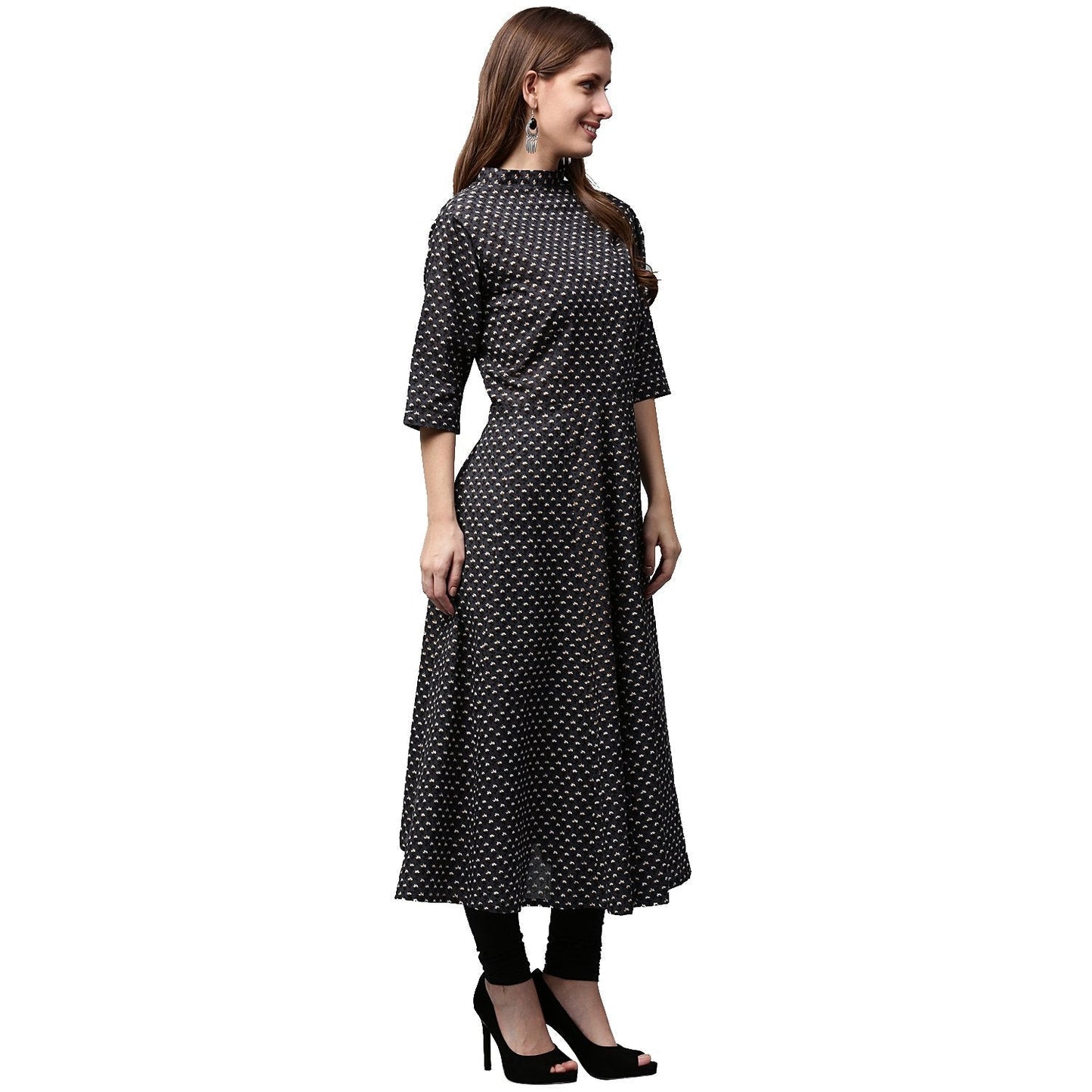Black Printed 3/4Th Sleeve Cotton Anarkali Kurta | LASVINI - Redefining Indian Fashion with Elegance