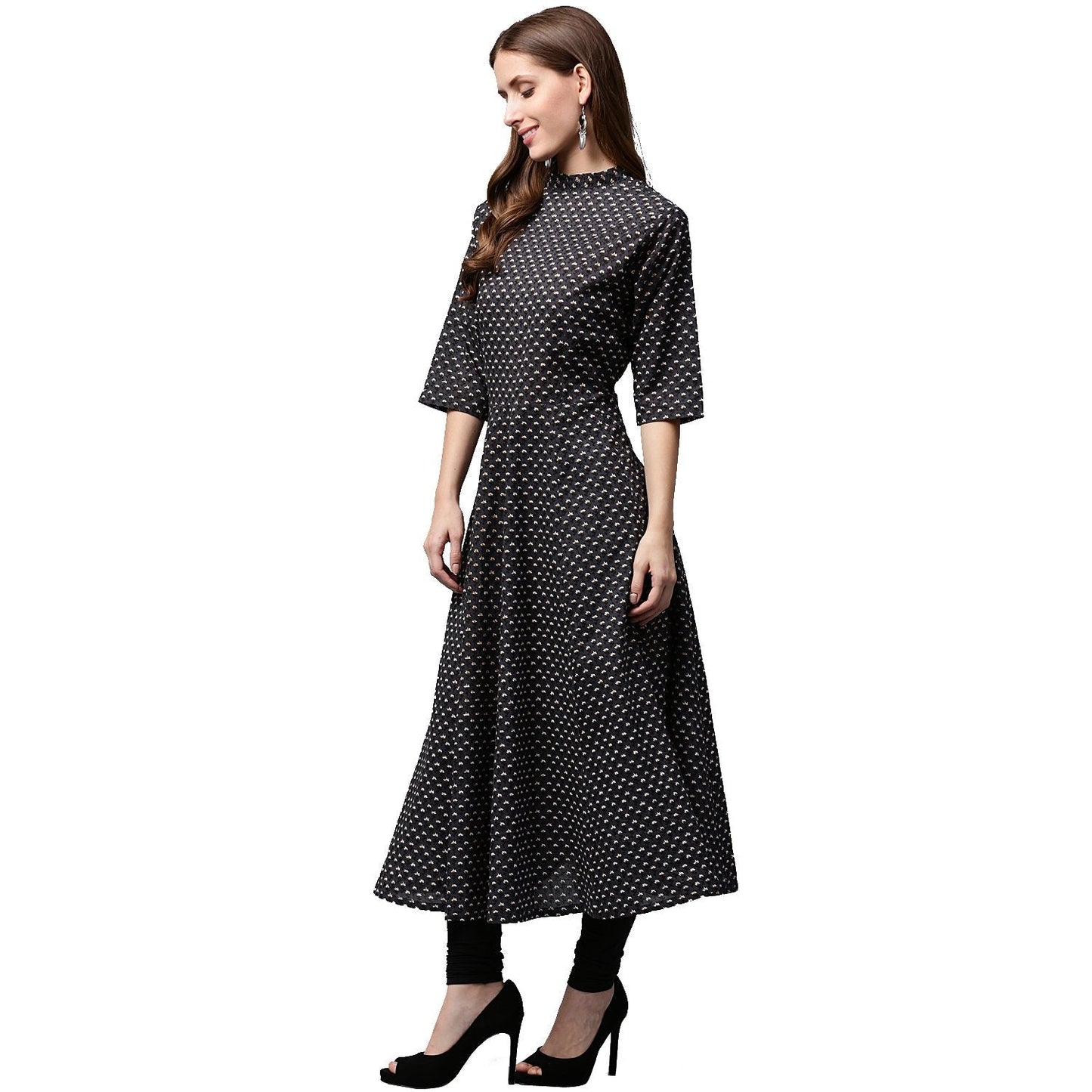 Black Printed 3/4Th Sleeve Cotton Anarkali Kurta | LASVINI - Redefining Indian Fashion with Elegance