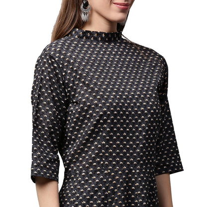 Black Printed 3/4Th Sleeve Cotton Anarkali Kurta | LASVINI - Redefining Indian Fashion with Elegance