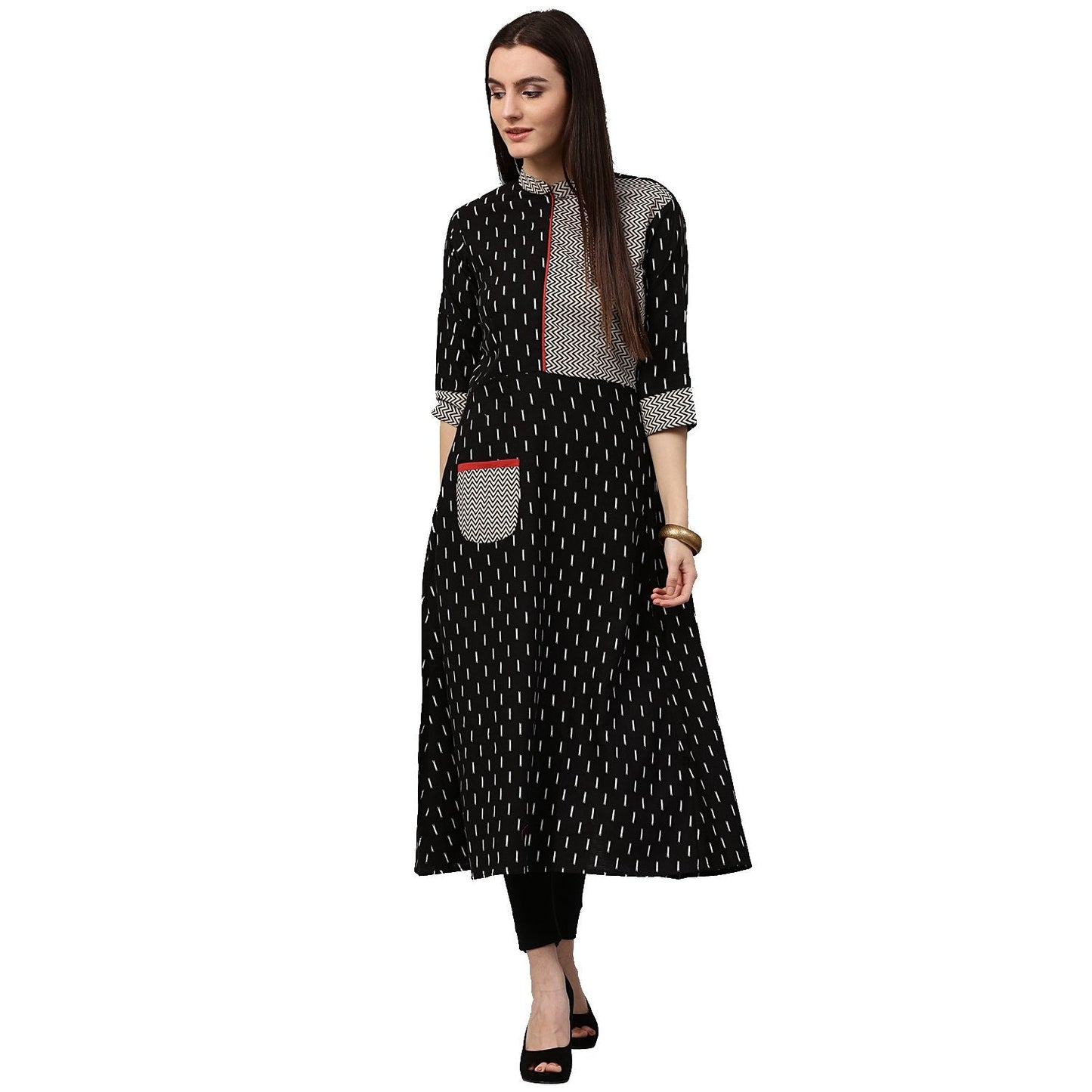 Black Printed 3/4Th Sleeve Cotton A-Line Kurta With Pocket | LASVINI - Redefining Indian Fashion with Elegance
