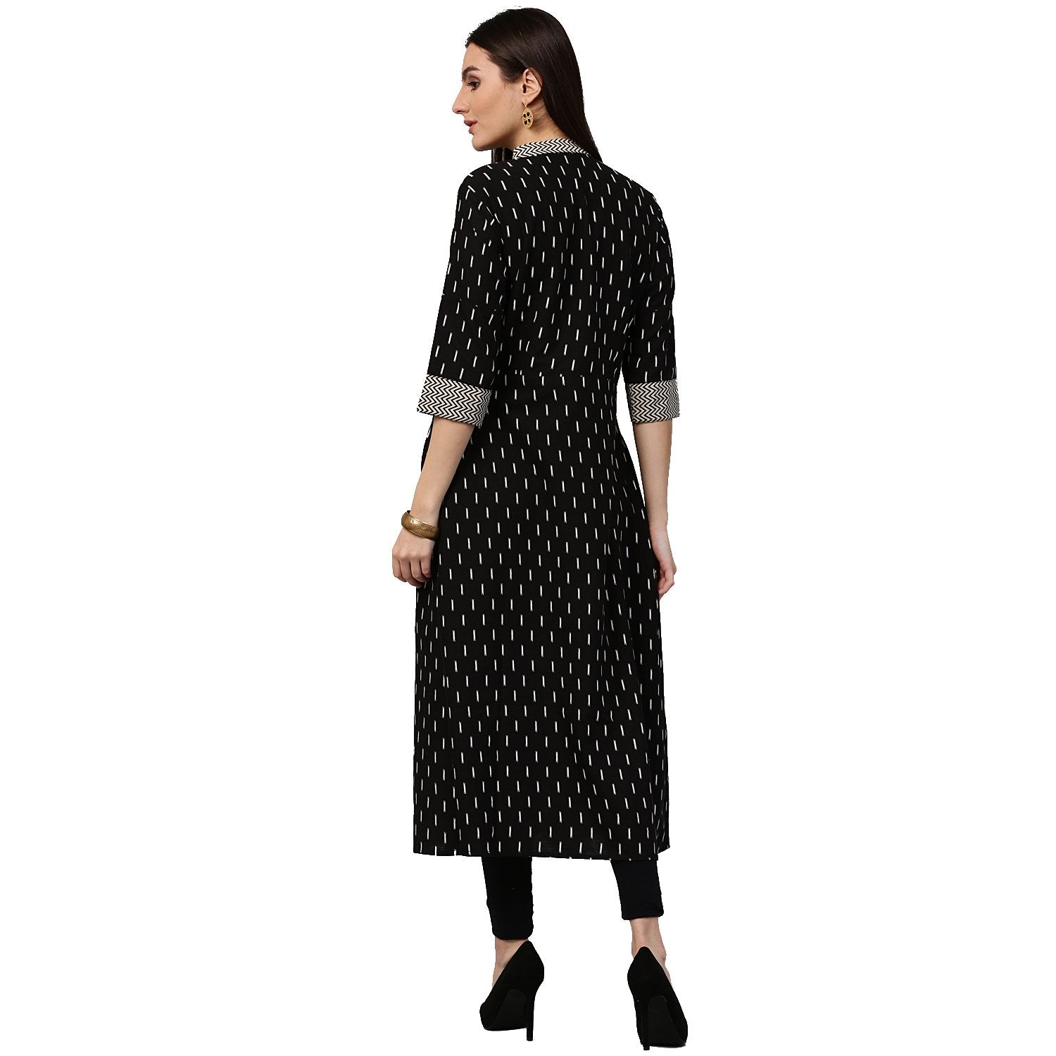 Black Printed 3/4Th Sleeve Cotton A-Line Kurta With Pocket | LASVINI - Redefining Indian Fashion with Elegance