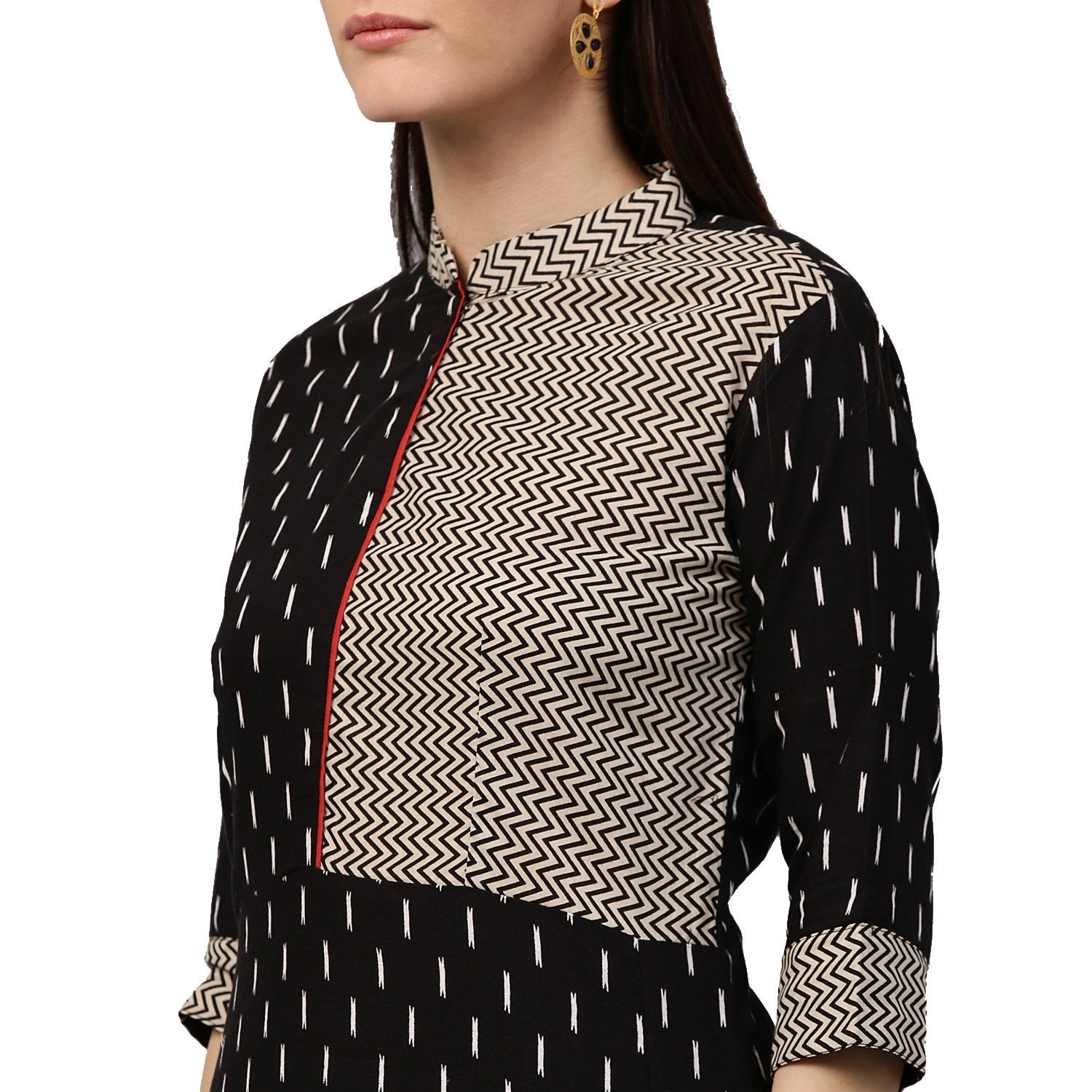 Black Printed 3/4Th Sleeve Cotton A-Line Kurta With Pocket | LASVINI - Redefining Indian Fashion with Elegance