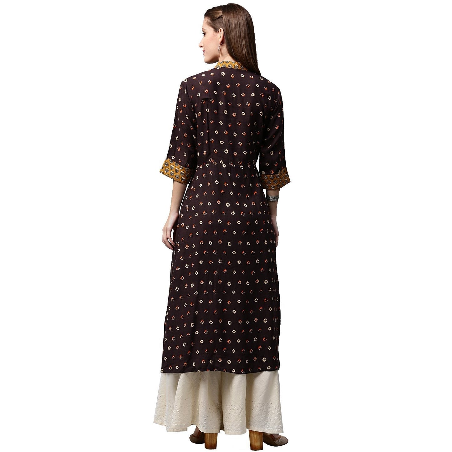 Coffee Brown Printed 3/4Th Sleeve Rayon A-Line Kurta | LASVINI - Redefining Indian Fashion with Elegance