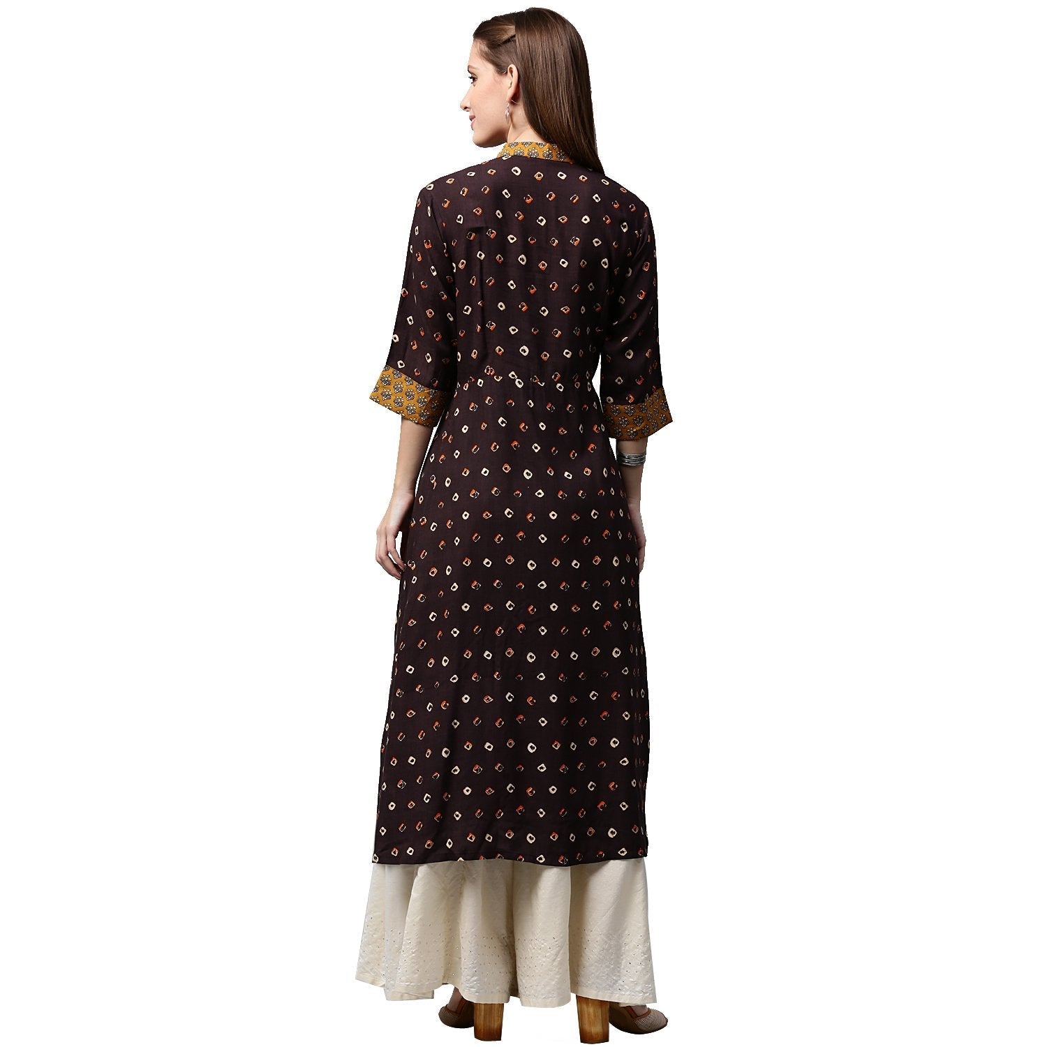 Coffee Brown Printed 3/4Th Sleeve Rayon A-Line Kurta | LASVINI - Redefining Indian Fashion with Elegance