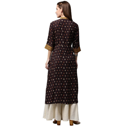 Coffee Brown Printed 3/4Th Sleeve Rayon A-Line Kurta | LASVINI - Redefining Indian Fashion with Elegance