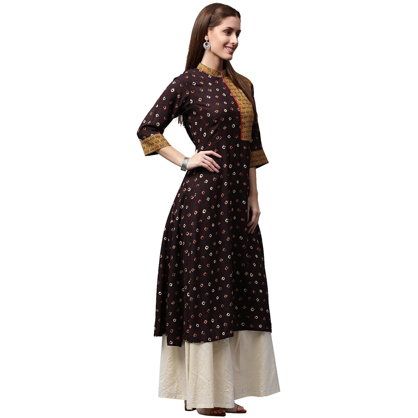 Coffee Brown Printed 3/4Th Sleeve Rayon A-Line Kurta | LASVINI - Redefining Indian Fashion with Elegance