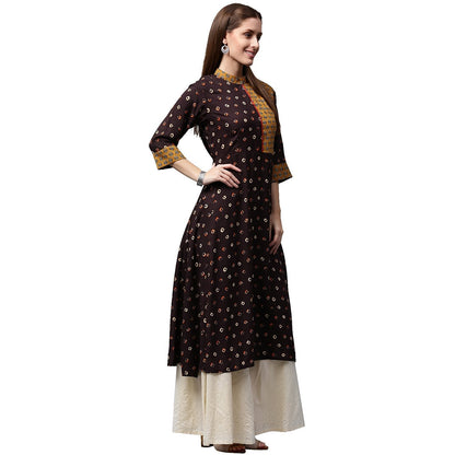 Coffee Brown Printed 3/4Th Sleeve Rayon A-Line Kurta | LASVINI - Redefining Indian Fashion with Elegance