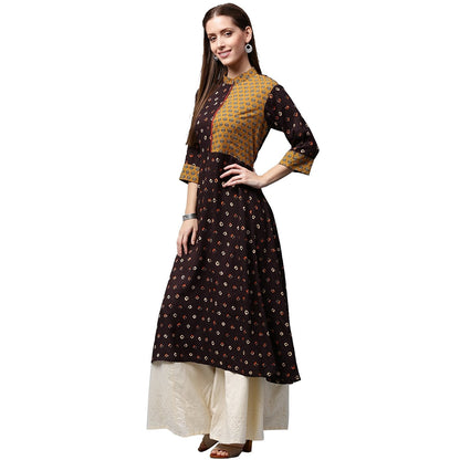Coffee Brown Printed 3/4Th Sleeve Rayon A-Line Kurta | LASVINI - Redefining Indian Fashion with Elegance